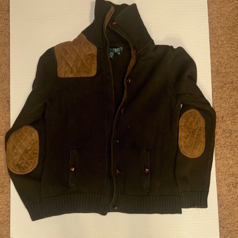 Ralph Lauren Olive Green Knit Cardigan with Brown Suede Elbow & Shoulder Patches